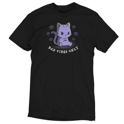 Premium Cotton T-shirt_TeeTurtle black Bad Vibes Only featuring an angry grumpy looking cat with its forepaws crossed and surrounded by skulls and lightning clouds with 'Bad Vibes Only' written underneath it.
