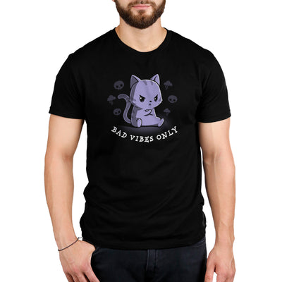 Premium Cotton T-shirt_TeeTurtle black Bad Vibes Only featuring an angry grumpy looking cat with its forepaws crossed and surrounded by skulls and lightning clouds with 'Bad Vibes Only' written underneath it.