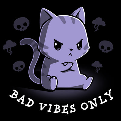 Premium Cotton T-shirt_TeeTurtle black Bad Vibes Only featuring an angry grumpy looking cat with its forepaws crossed and surrounded by skulls and lightning clouds with 'Bad Vibes Only' written underneath it.