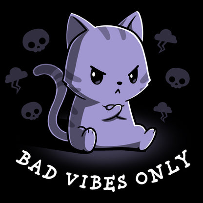 Premium Cotton T-shirt_Teeturtle Bad Vibes Only black t-shirt featuring an angry grumpy looking cat with its forepaws crossed and surrounded by skulls and lightning clouds with 'Bad Vibes Only' written underneath it.