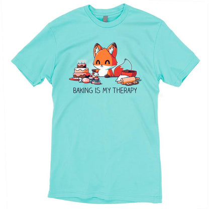 Premium Cotton T-shirt_Teeturtle Baking Is My Therapy caribbean blue t-shirt featuring a happy little fox surrounded by baking supplies, cookies and a cake. The fox is about to put a cherry on a freshly baked cupcake.