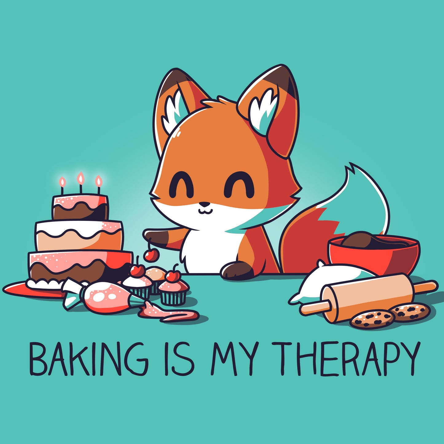 Premium Cotton T-shirt_Teeturtle Baking Is My Therapy caribbean blue t-shirt featuring a happy little fox surrounded by baking supplies, cookies and a cake. The fox is about to put a cherry on a freshly baked cupcake.