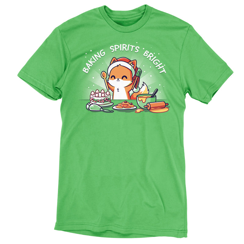 Premium Cotton T-shirt - Baking Spirits Bright Apple Green apparel by monsterdigital with a cute fox character holding a baking spoon. Text reads "Baking Spirits Bright" above the fox, accompanied by various food items including a cake, rolling pin, and mixing bowl. Made from super soft ringspun cotton for ultimate comfort.