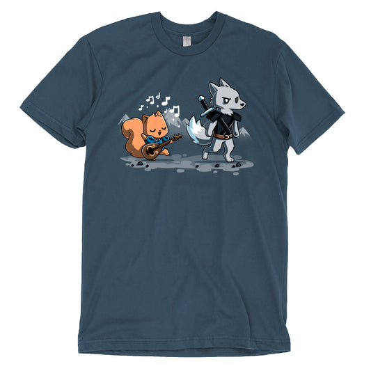 A denim blue t-shirt featuring a monsterdigital original cartoon image of a squirrel playing a guitar and a walking wolf carrying a sword with musical notes around them, crafted from super soft ringspun cotton. It's called Ballad of the Bard.