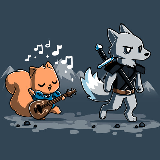A cartoon squirrel plays a guitar with music notes around, while a wolf in armor holding a sword walks ahead in a mountain landscape. This whimsical scene is printed on a super soft ringspun cotton denim blue t-shirt, making it a true monsterdigital Ballad of the Bard original.