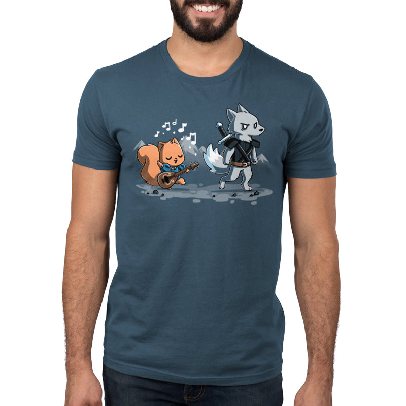 Premium Cotton T-shirt_Teeturtle Ballad of the Bard denim t-shirt featuring a squirrel playing a guitar with music notes around, while a wolf in armor holding a sword walks ahead in a mountain landscape. 