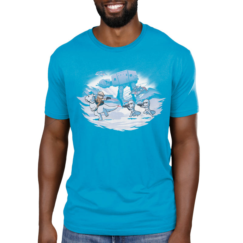 A man wearing a licensed blue "Star Wars" t-shirt with an image of a polar bear.