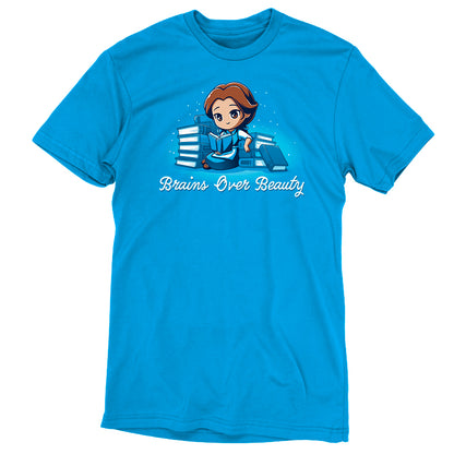 A Disney officially licensed Brains Over Beauty blue t-shirt featuring Belle holding a book.