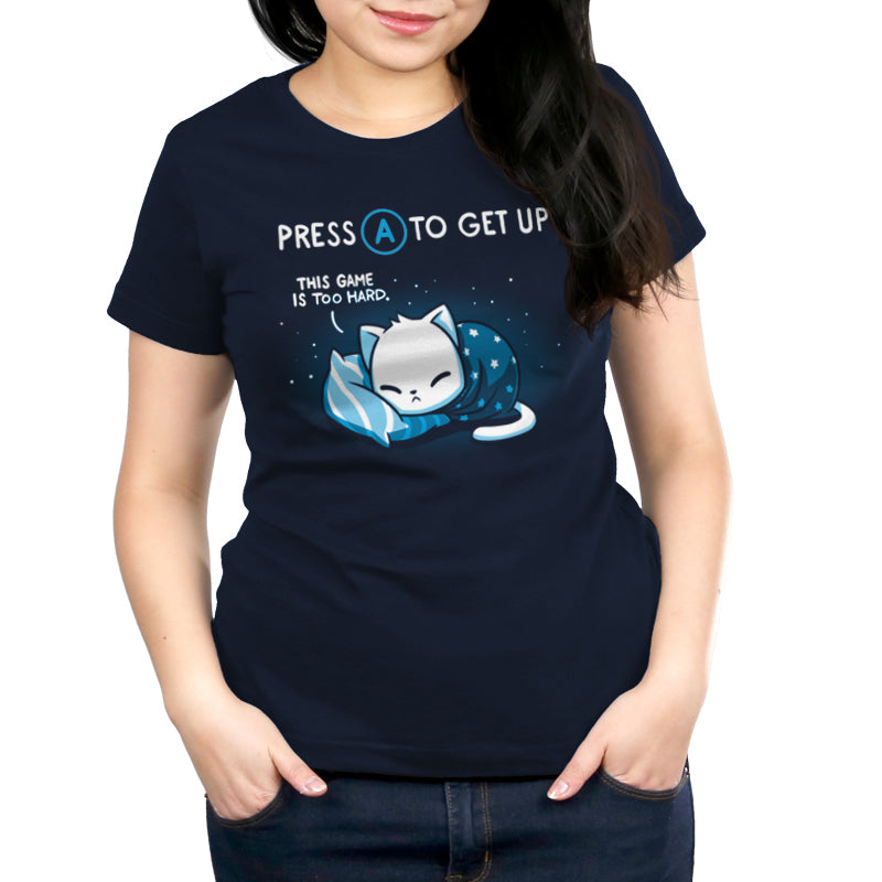 A woman wearing a navy blue TeeTurtle Bedtime Lag t-shirt.