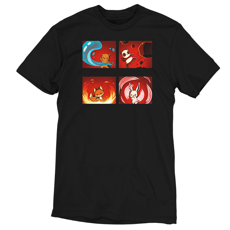 A TeeTurtle original Bending the Elements black t-shirt featuring four images of fire and flames.