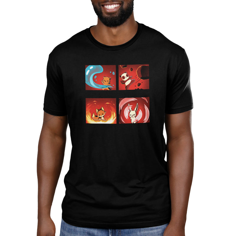 A black men's t-shirt featuring four different images – Bending the Elements, TeeTurtle's black original.