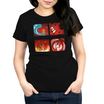 A women's black t-shirt with four different images representing air and earth called "Bending the Elements" by TeeTurtle.