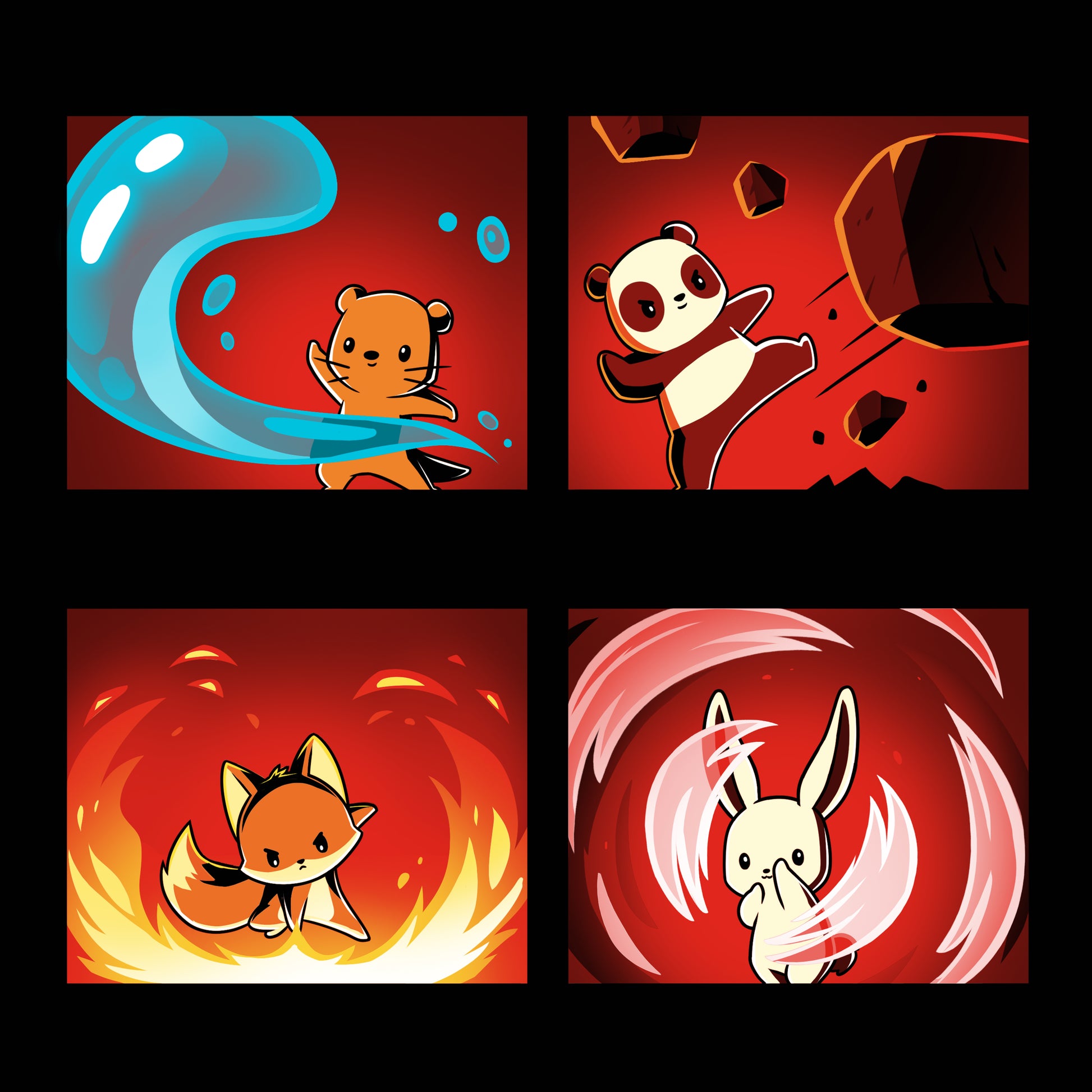 A set of four TeeTurtle Bending the Elements pictures featuring a panda and a fox, showcasing Earth bending.