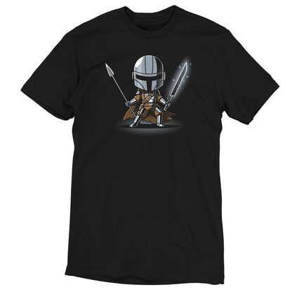 A black t-shirt featuring an officially licensed image of a Star Wars Mandalorian character brandishing a Beskar Spear & Dark Saber.