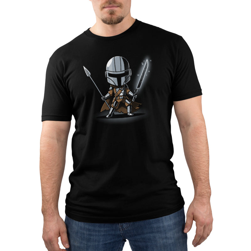 Star Wars The Mandalorian Beskar Spear & Dark Saber officially licensed men's t-shirt.