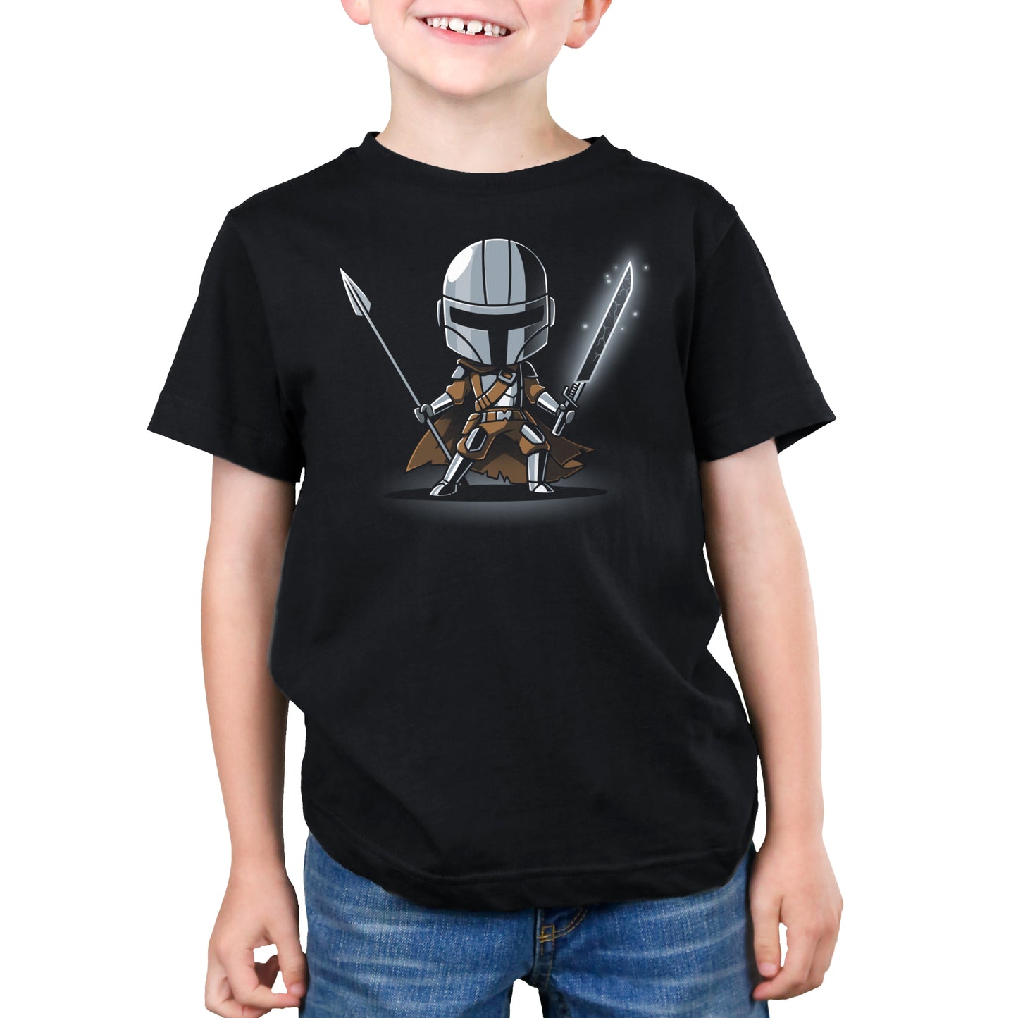 Officially licensed Star Wars Beskar Spear & Dark Saber kid's t-shirt.