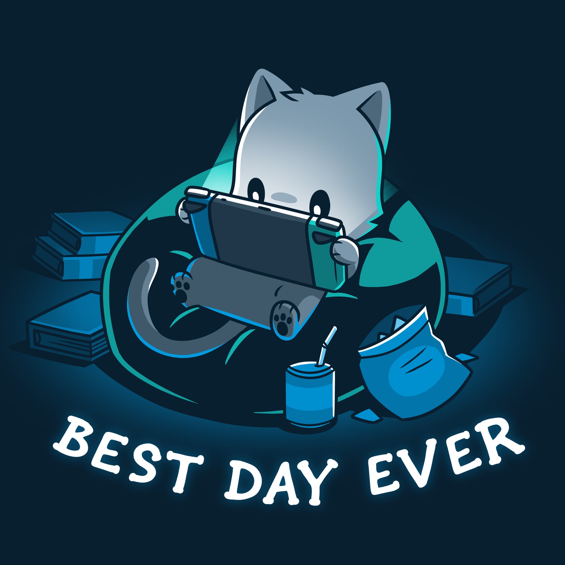 A navy blue t-shirt featuring a cat comfortably sitting in a bean bag, expressing the words "Best Day Ever" by TeeTurtle.