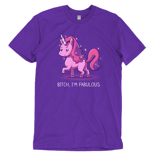 A purple Women's t-shirt featuring a cartoon unicorn with the phrase 