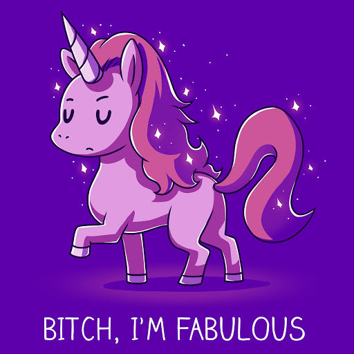Illustration of a proud unicorn with purple mane and tail on a purple background, captioned 