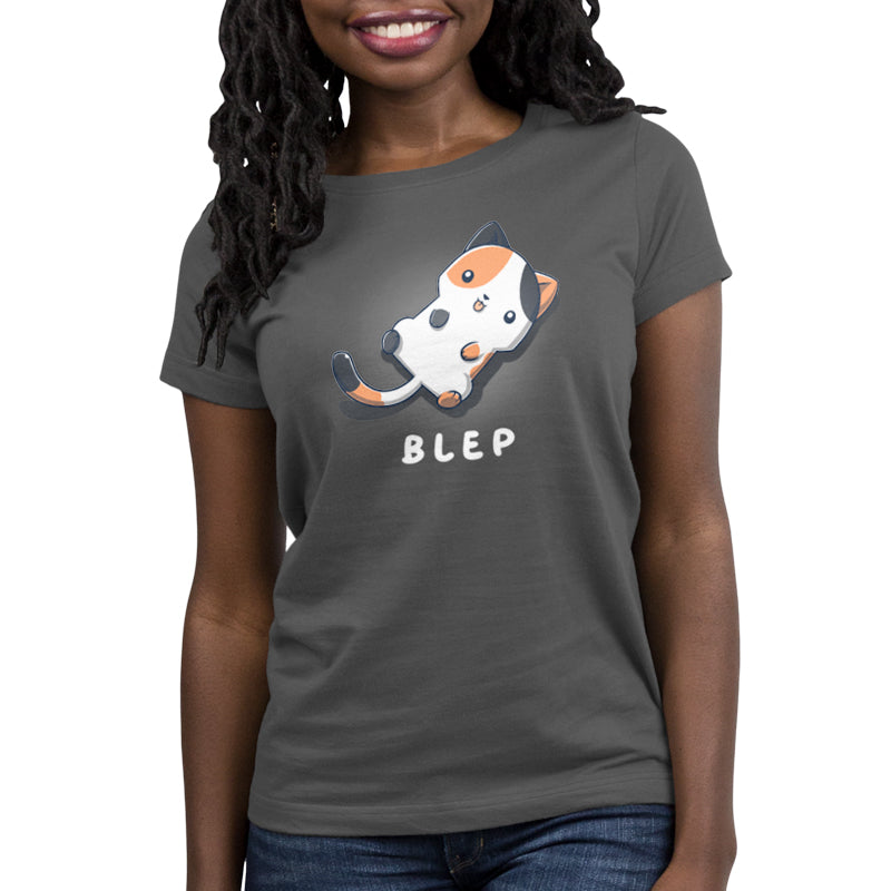 A charcoal gray Blep Kitty T-shirt featuring the word "blep" design by TeeTurtle.