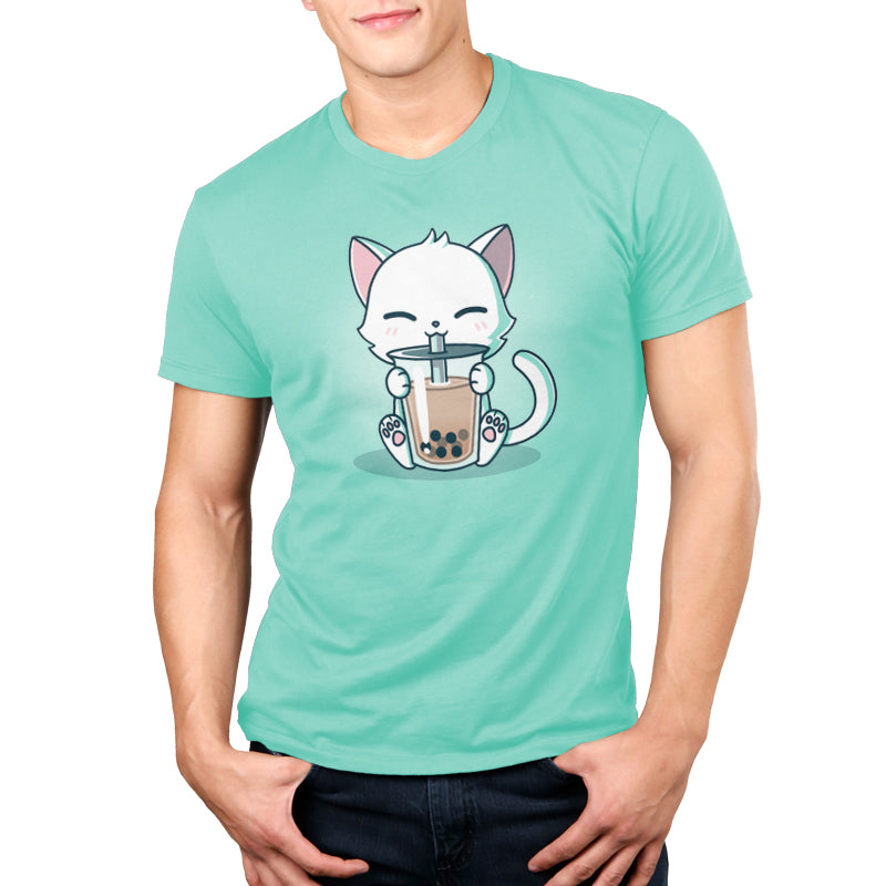 A chill blue TeeTurtle Boba Cat holding a cup of tasty boba drink.