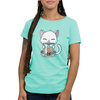 A women's t-shirt with a white cat enjoying a Boba Cat drink, from TeeTurtle.
