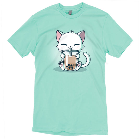 A white cat holding a cup of coffee on a TeeTurtle Boba Cat t-shirt.