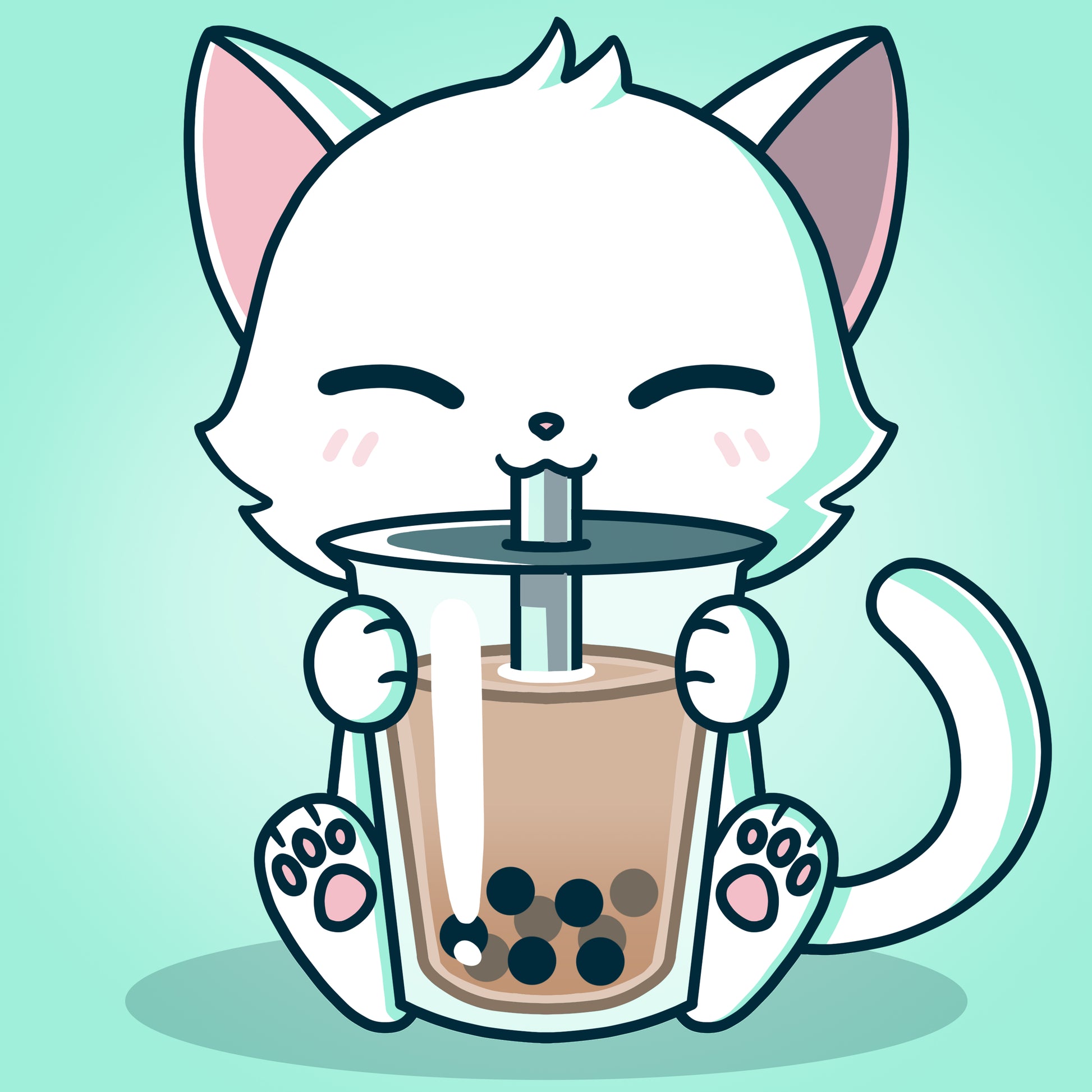 A white Boba Cat enjoying a cup of bubble tea from TeeTurtle.