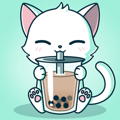 A white Boba Cat enjoying a cup of bubble tea from TeeTurtle.