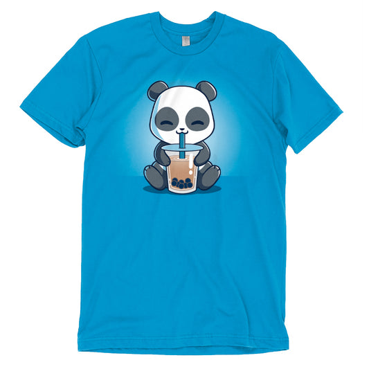 Introducing the Boba Panda by monsterdigital: A cobalt blue tee featuring a cartoon panda enjoying bubble tea through a straw, crafted from super soft ringspun cotton for ultimate comfort.