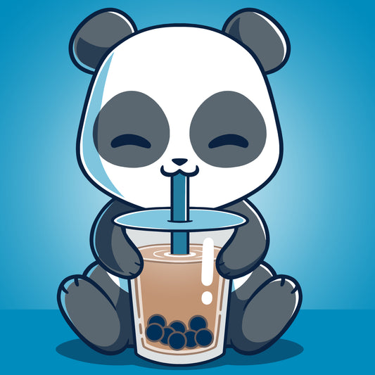 Cartoon panda sitting and happily drinking bubble tea with a straw from a large cup, all featured in our Boba Panda T-shirt by monsterdigital made of super soft ringspun cotton.