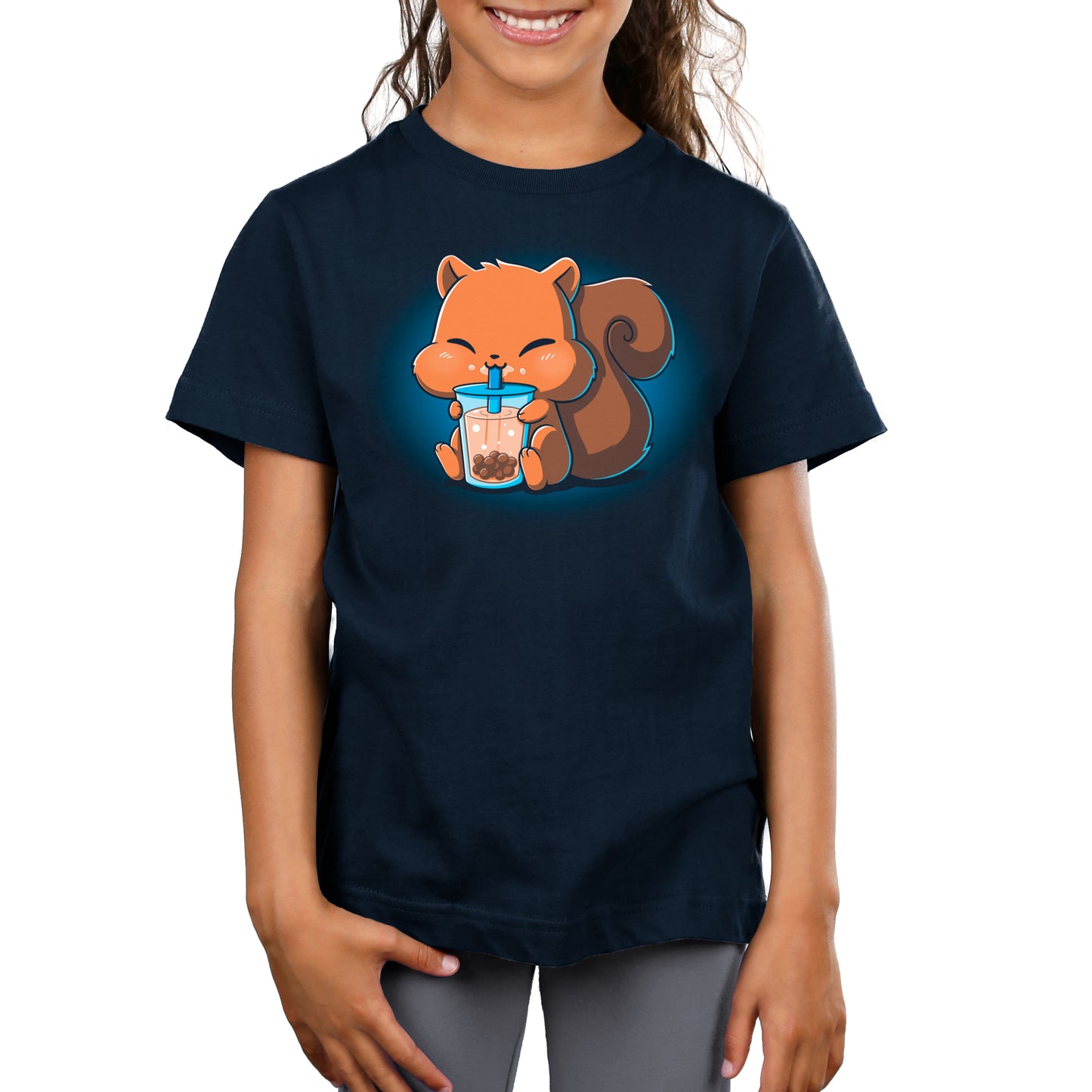 Premium Cotton T-shirt_Teeturtle Boba Squirrel navy blue t-shirt featuring an adorable, puffy-cheeked squirrel sipping boba tea.