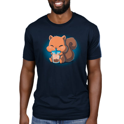 Premium Cotton T-shirt_Teeturtle Boba Squirrel navy blue t-shirt featuring an adorable, puffy-cheeked squirrel sipping boba tea.