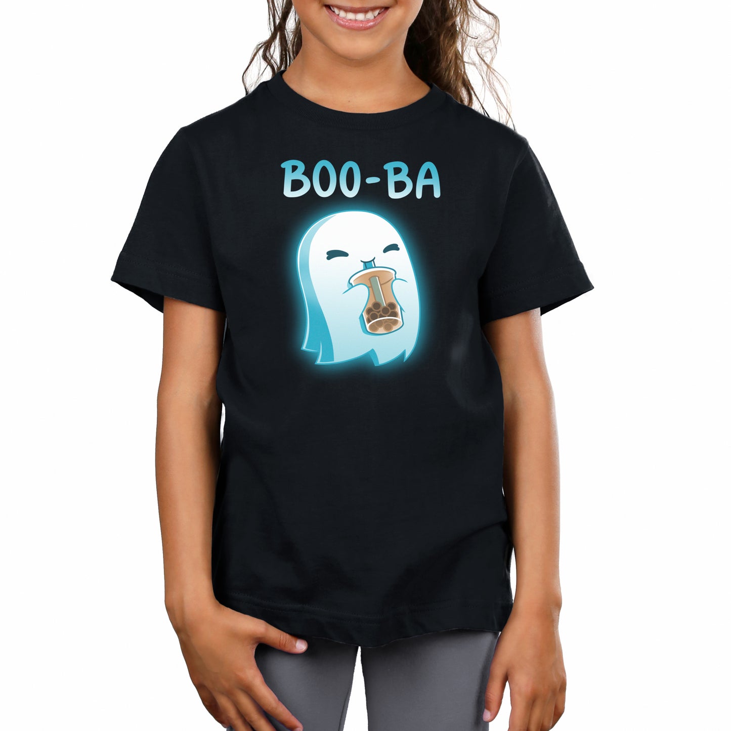 A girl wearing a black TeeTurtle t-shirt that says Boo-ba sips on boba tea.
