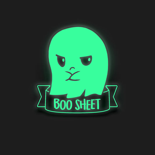 A TeeTurtle Boo Sheet Pin featuring a green ghost with the words boo sheet.