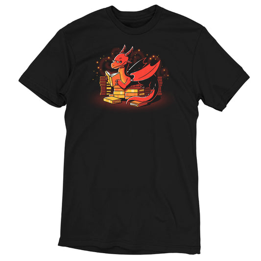 Book Hoarder monsterdigital T-shirt featuring a red dragon reading a book while sitting on a pile of books, surrounded by small sparkles. Made from super soft ringspun cotton for ultimate comfort, this tee is perfect for any book hoarder.