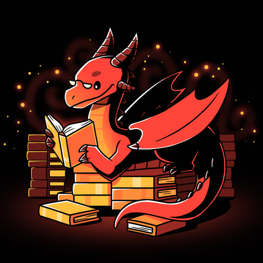A red dragon with horns and wings, resembling a TeeTurtle design, reads a book while sitting among piles of books against a dark background with glowing embers. The scene perfectly captures the essence of **Book Hoarder** by **monsterdigital**, showcasing a whimsical book hoarder lost in their literary treasures.