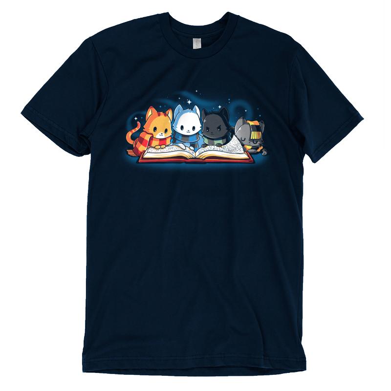 A Navy Blue t-shirt featuring cats reading a book, designed by TeeTurtle, called "Books Are Magic".