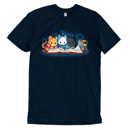 A Navy Blue t-shirt featuring cats reading a book, designed by TeeTurtle, called 