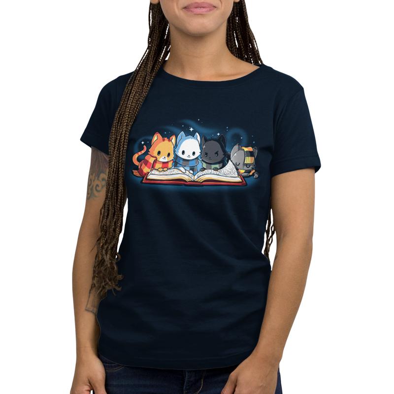 A navy blue women's t-shirt with a cat on the Books Are Magic by TeeTurtle.