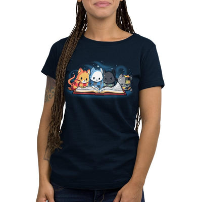Premium Cotton T-shirt_TeeTurtle navy blue Books Are Magic. Featuring a cat with a red and yellow scarf, a cat with a blue and black scarf, a cat with a green and black scarf, and a cat with a yellow and black scarf reading the same book together.