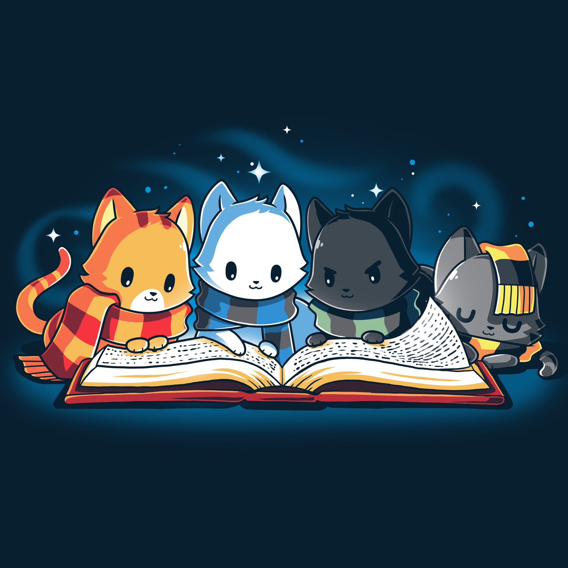 Four cats reading a Books Are Magic book by TeeTurtle.