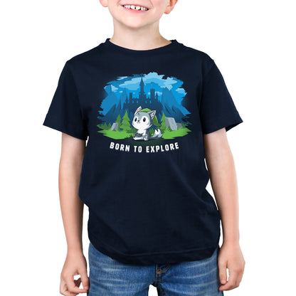 A young boy wearing a navy T-shirt designed by TeeTurtle, encourages others to "come to explore with the Born to Explore TeeTurtle shirt.