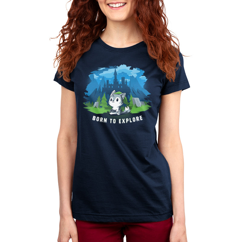 A woman wearing a navy blue Born to Explore t-shirt with the words "i'm a husky" is TeeTurtle.