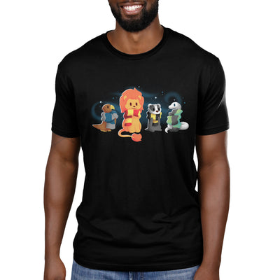 Premium Cotton T-shirt_TeeTurtle black Brave, Loyal, Wise & Cunning featuring a fantasy bird, lion, badger and snake all wrapped in various striped scarves and surrounded by swirls of magic.