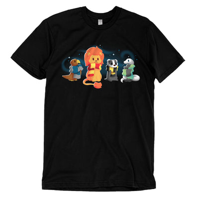 Premium Cotton T-shirt_TeeTurtle black Brave, Loyal, Wise & Cunning featuring a fantasy bird, lion, badger and snake all wrapped in various striped scarves and surrounded by swirls of magic.