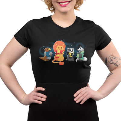 Premium Cotton T-shirt_TeeTurtle black Brave, Loyal, Wise & Cunning featuring a fantasy bird, lion, badger and snake all wrapped in various striped scarves and surrounded by swirls of magic.