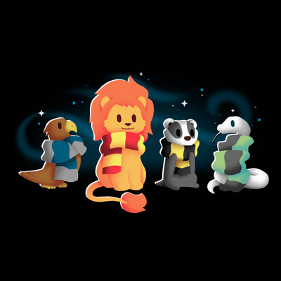 Premium Cotton T-shirt_TeeTurtle black Brave, Loyal, Wise & Cunning featuring a fantasy bird, lion, badger and snake all wrapped in various striped scarves and surrounded by swirls of magic.