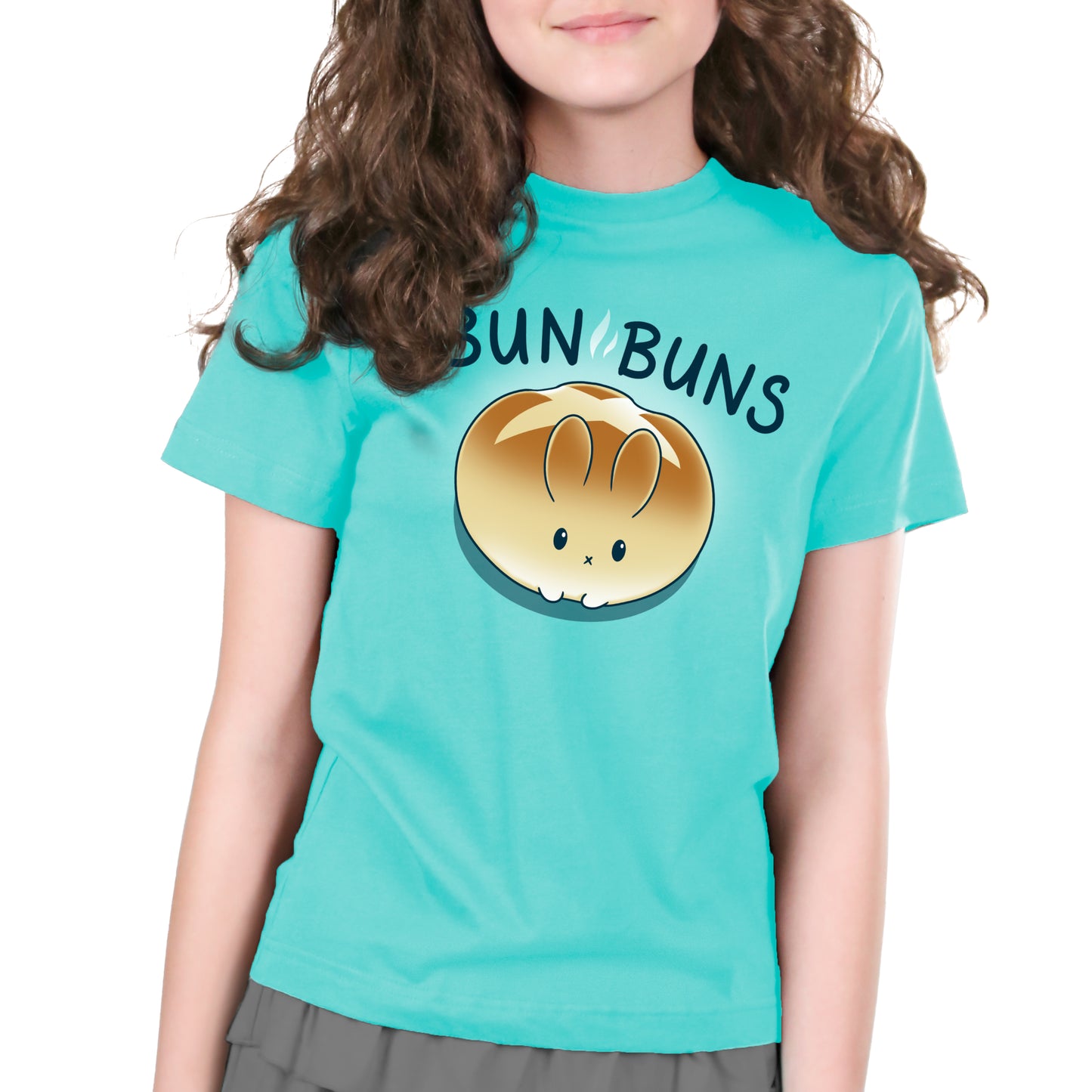 A girl wearing a blue t-shirt that says TeeTurtle Bun Buns.