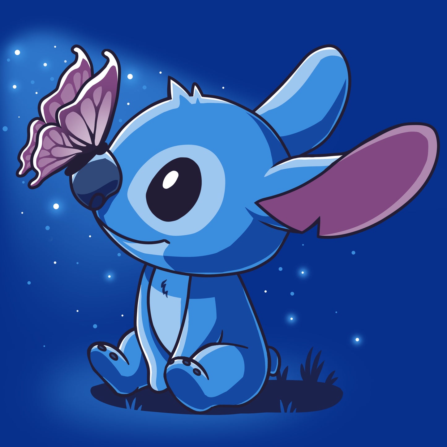 Officially licensed Disney Butterfly Kisses t-shirt featuring a little blue stitch holding a butterfly.